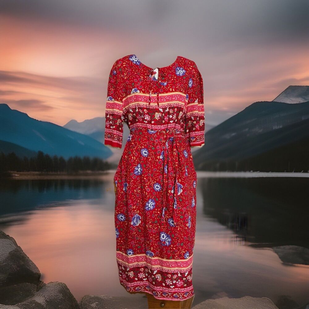 Victoria Leland Dress Sz L/XL Red Floral Pullover Casual Boho Belted Straight